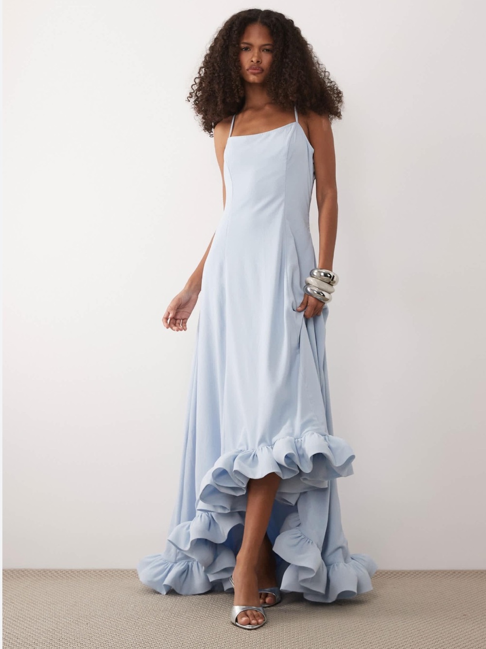 YAS Romantic Formal Maxi Dress Skyway Blue Ruffle Hem Strappy Size US 2